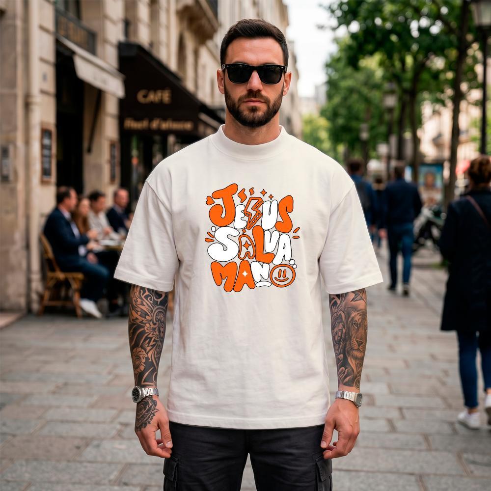 Camiseta Oversized Suedine  Masculina Estampada Cristã Streetwear Frase Jesus Salva