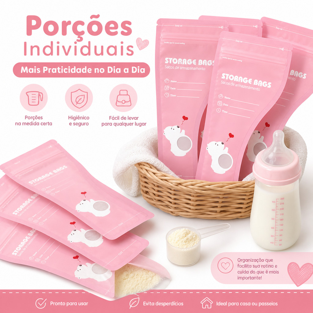 Kit 20/40/80 Saco para Leite em Pó Bebê Descartável Portátil com Vedação para Viagem