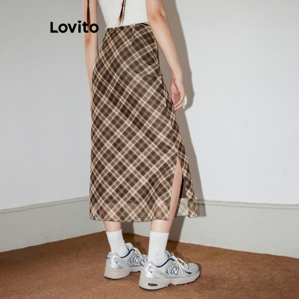 Lovito Casual Saias Formais Xadrez Saias Divididas De Camada Dupla Para Mulheres L58AD073 (Multicolorido) · foto 2