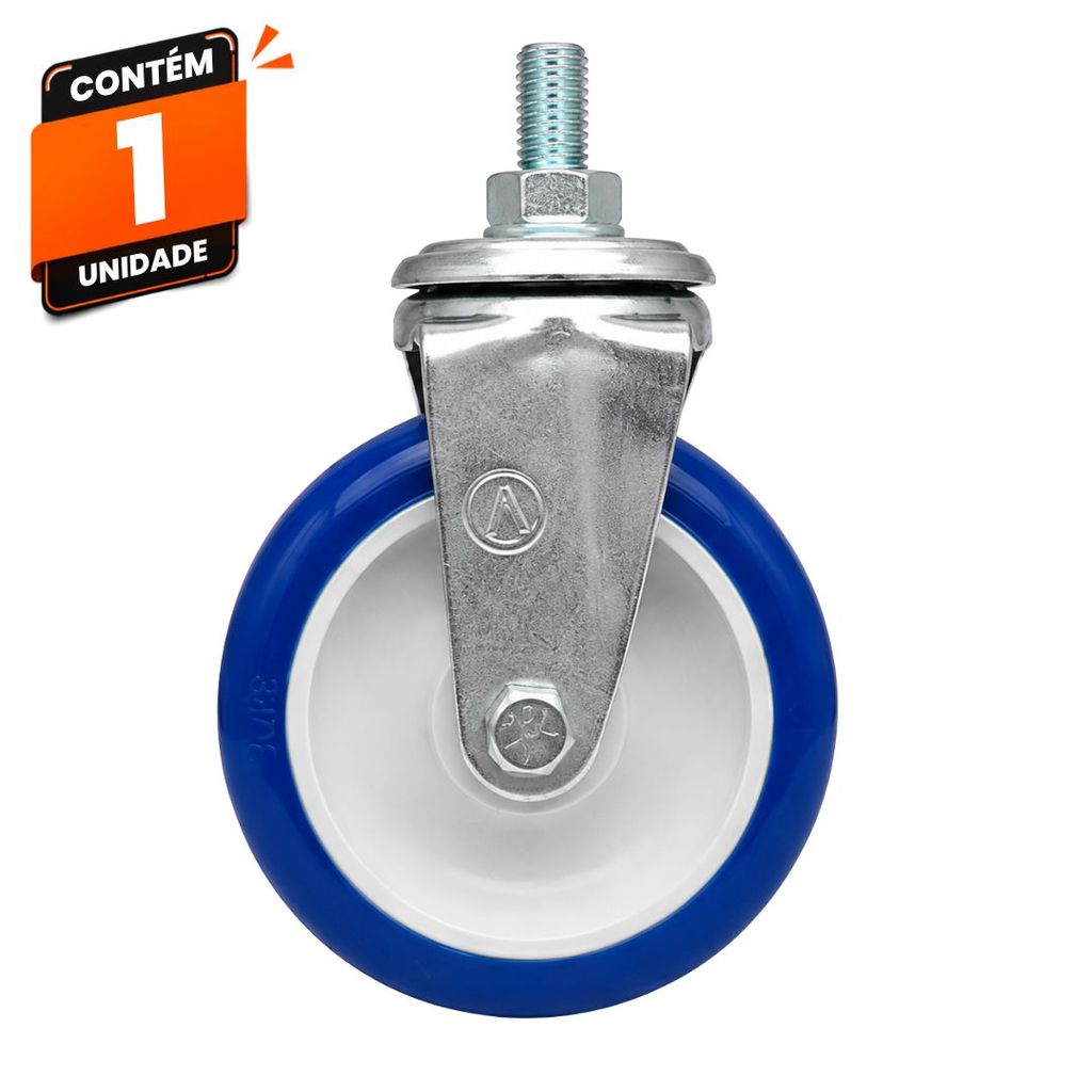 Rodízio Giratório Carrinho Mercado Supermercado Ajax Rosca 4" PVC Azul 100kg Alta Resistência para Carrinhos Comerciais