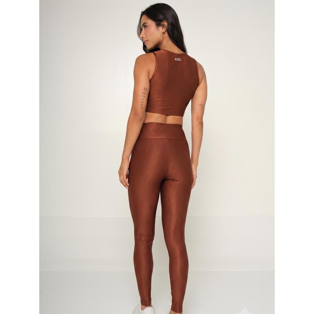 Conjunto Fitness Top Cropped Camiseta Calça Legging Canelado Brilhoso Lux Trilobal Feminino Liso Básico Academia · foto 2