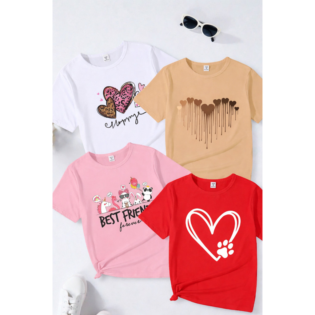 Kit 4 Camisetas Infantis Estampadas Menina Cute Friends Coração Algodão Confortável Moda Tendência