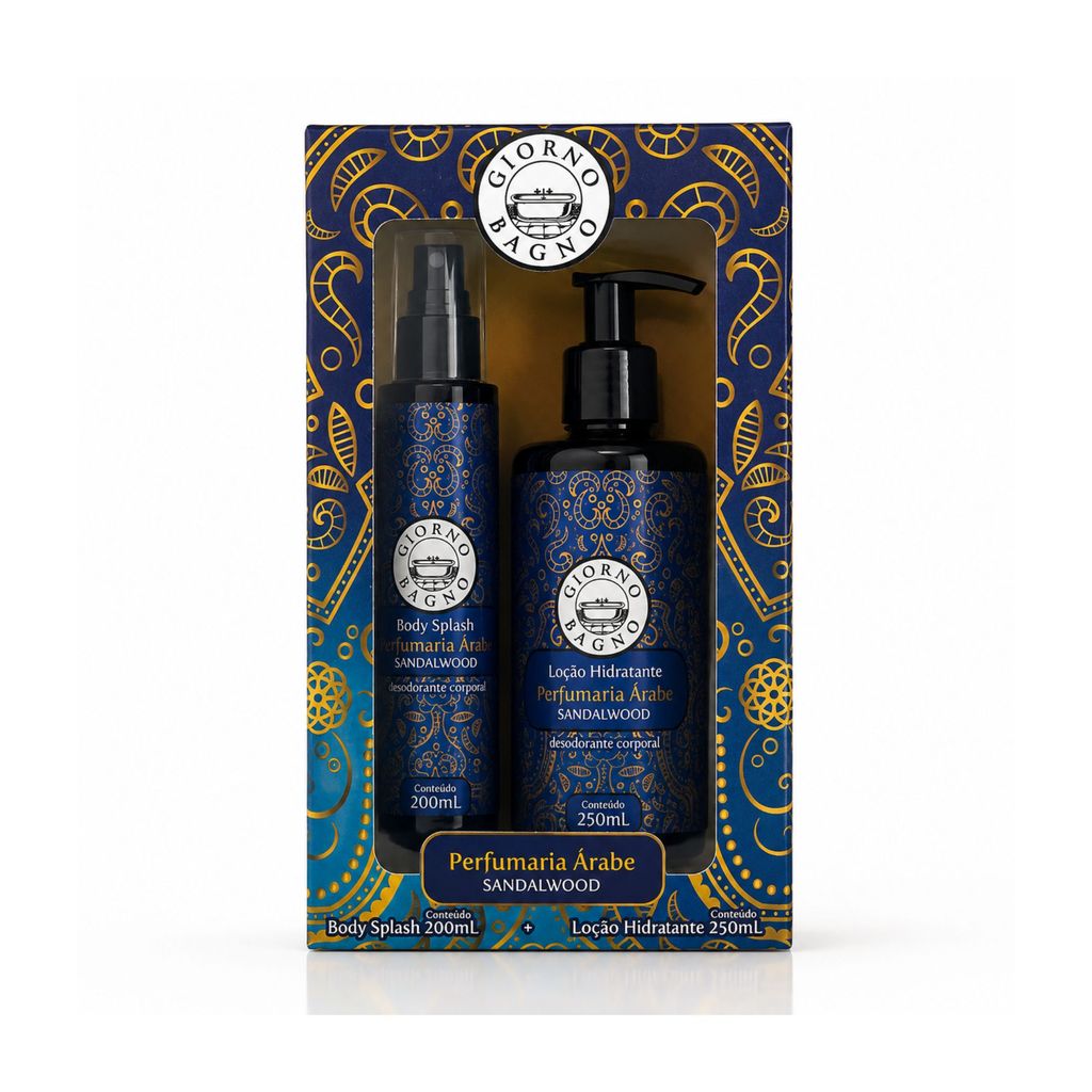 Kit Perfumaria Árabe Sandalwood ? Body Splash 200ml + Loção Hidratante 250ml, Fragrância Marcante e Cuidado Diário