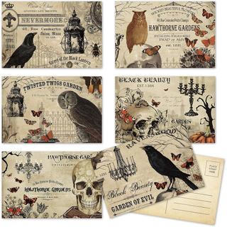 Whaline 36 Cartões Postais de Halloween Vintage com Corujas, Corvos e Caveiras, Sortimento de 6 Designs, Cartões de Saud
