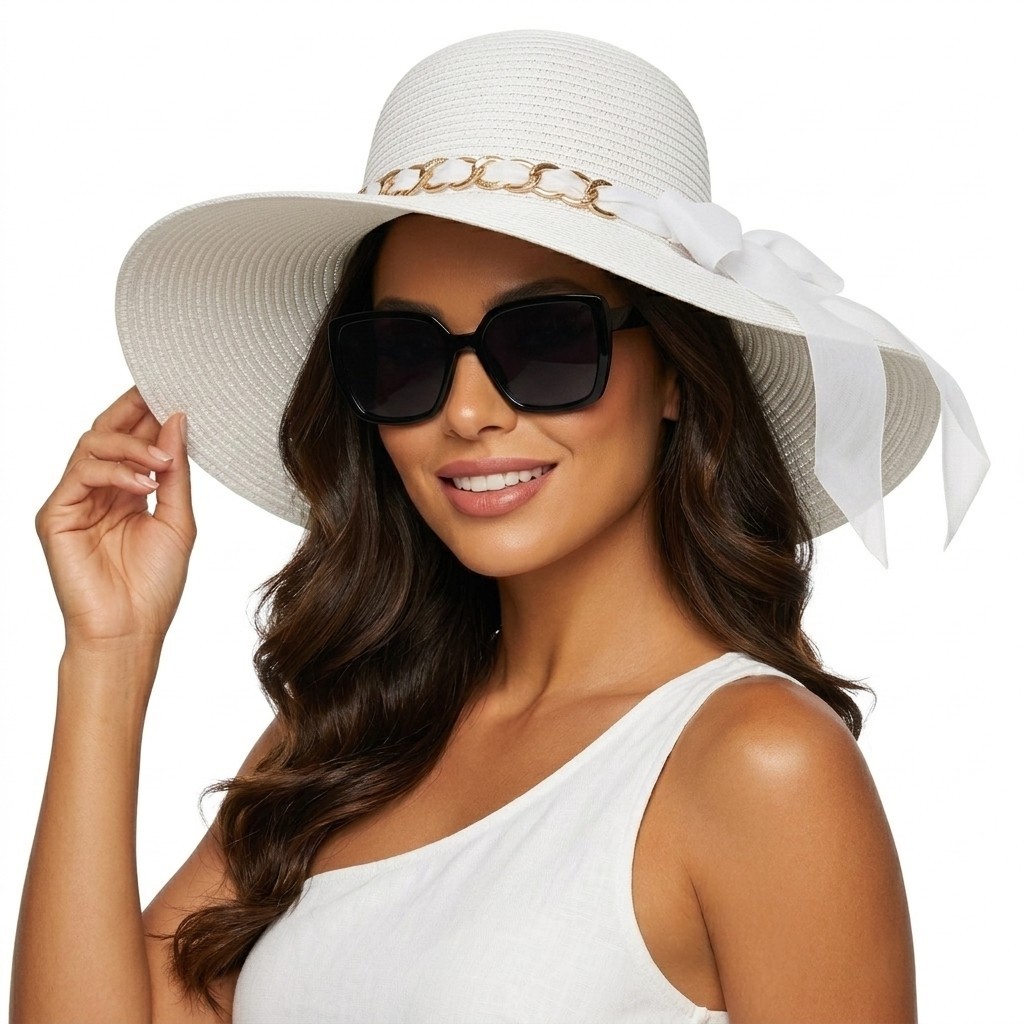 Kit Praia Feminino Chapéu Aba Grande com Laço e Corrente Dourada + Óculos de Sol Oversized Quadrado UV400