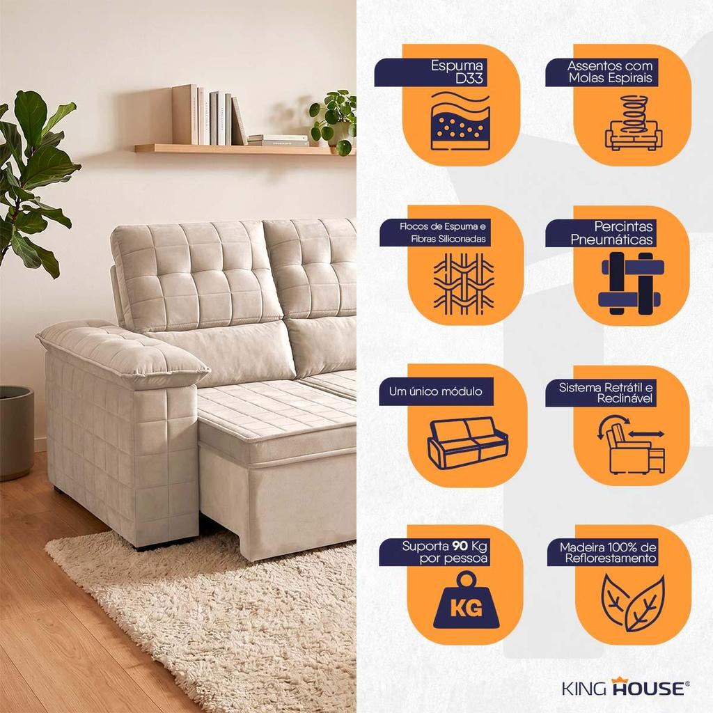 Sofá Retrátil Reclinável 4 lugares com molas 2,30m Quantum Suede Velut Tabaco - King House · foto 2