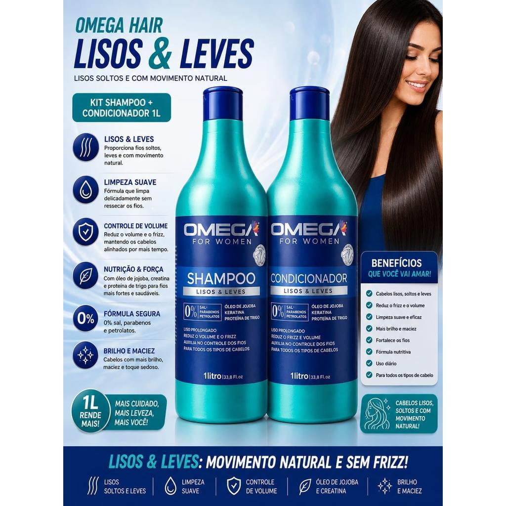 Kit Shampoo e Condicionador Omega Hair Lisos e Leves 1L cada (Shampoo 1L + Condicionador 1L)