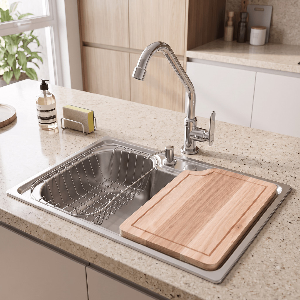 Cuba Para Cozinha Gourmet Aço Inox 50x40 Com Tábua de Corte Válvula Cesto Escorredor Dispenser Pia Sobrepor Embutir