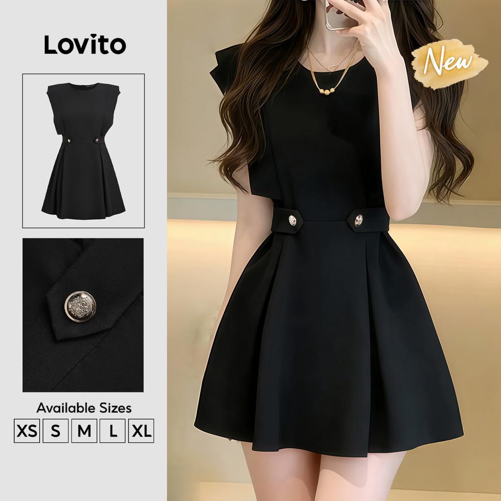 (New Arrival) Lovito Vestido Casual Plissado com Botões Preto primavera/verão DRB201P1D400