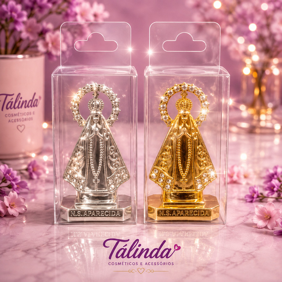 Linda Imagem Nossa Senhora Aparecida Metal Dourada e Prata Para Carros Altar ou Presente Religioso
