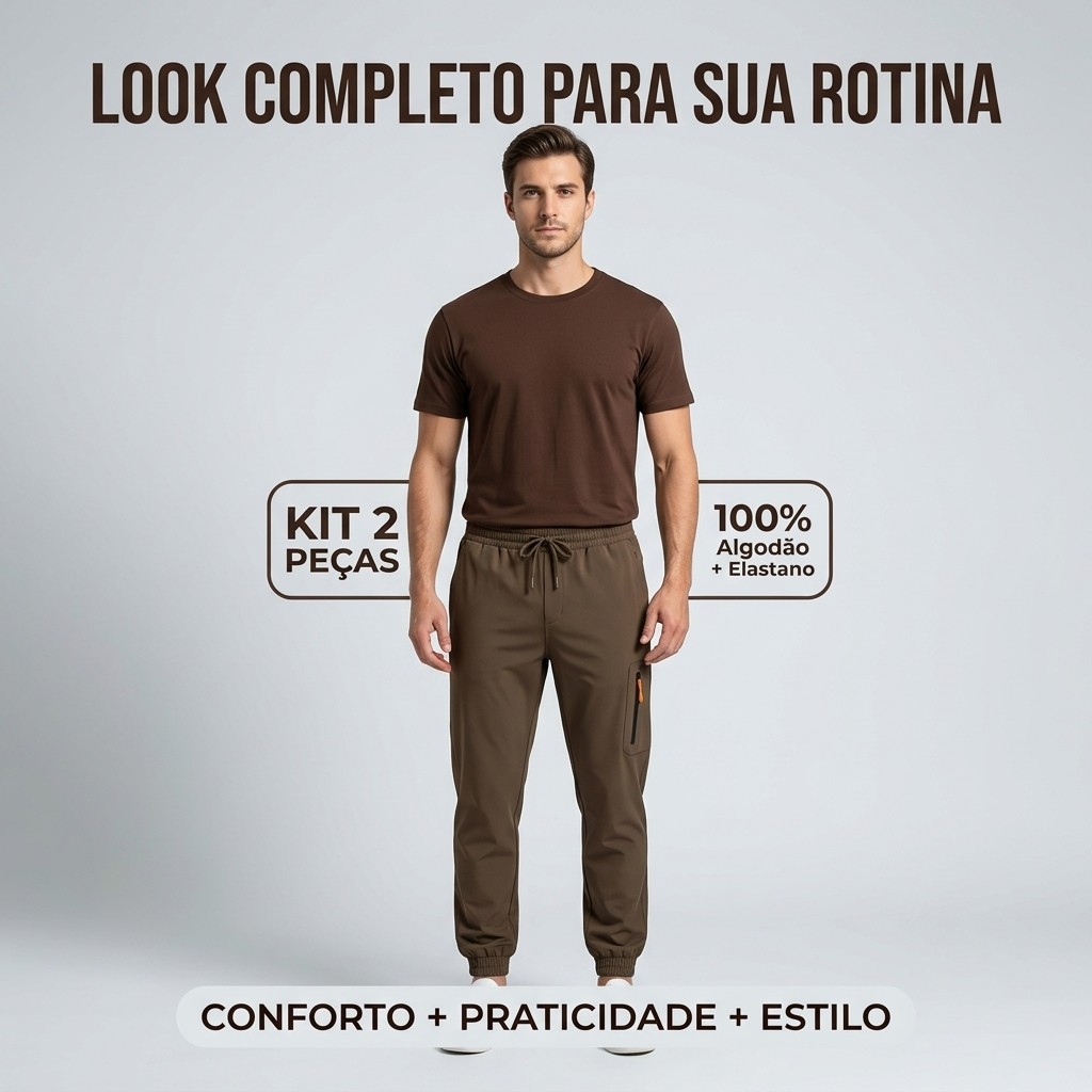 Conjunto Masculino Camiseta 100% Algodão + Calça Jogger Elastano Kit 2 Peças Casual Esportivo Academia