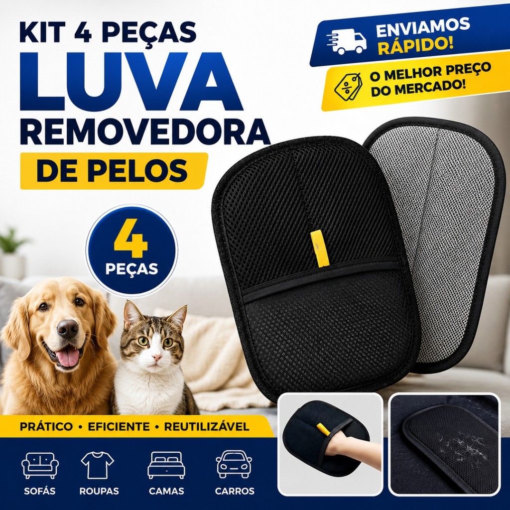 Luva Mágica Removedora de Pelos Pet Reutilizável para Cães Gatos Sofá Roupa Tapete e Estofado
