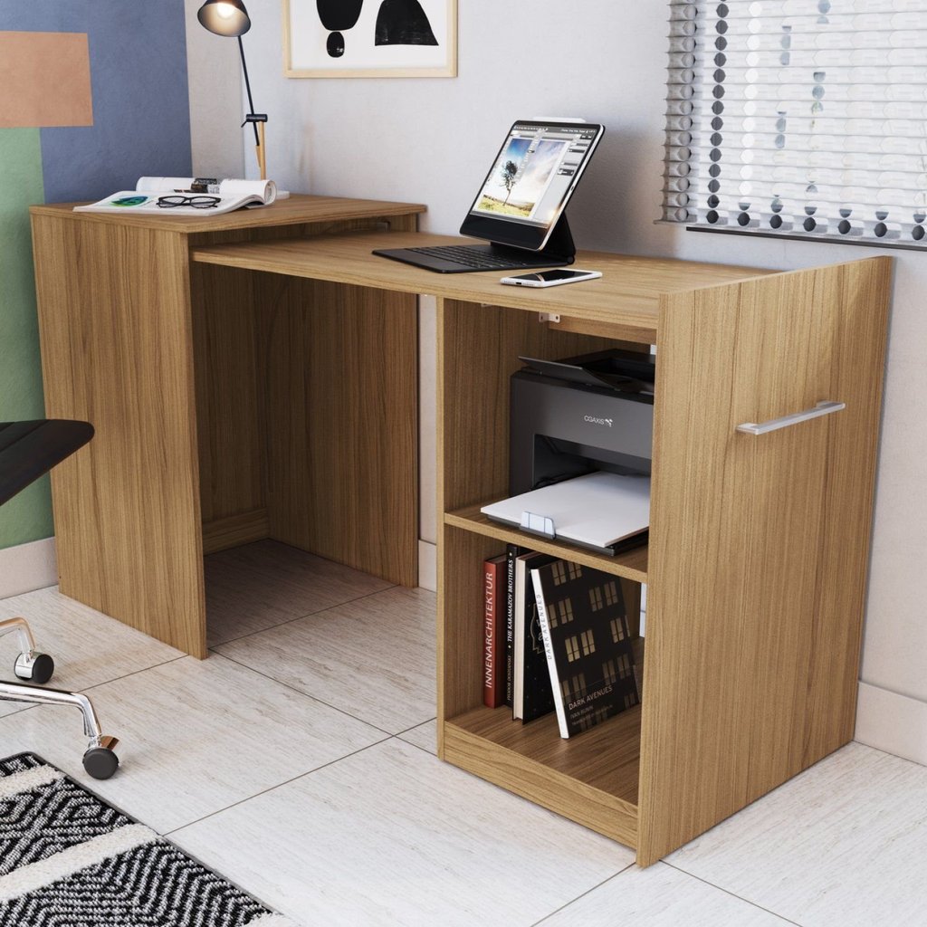 Escrivaninha Mesa Escritório Retrátil Smart 100% MDF 145cm Naturalle Marrom/Marromle