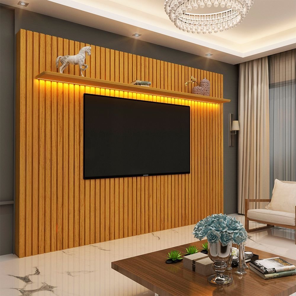 Painel Ripado para TV até 90 Polegadas 100% MDF com LED 228,8CMX217CM Nobre Marrom Sim