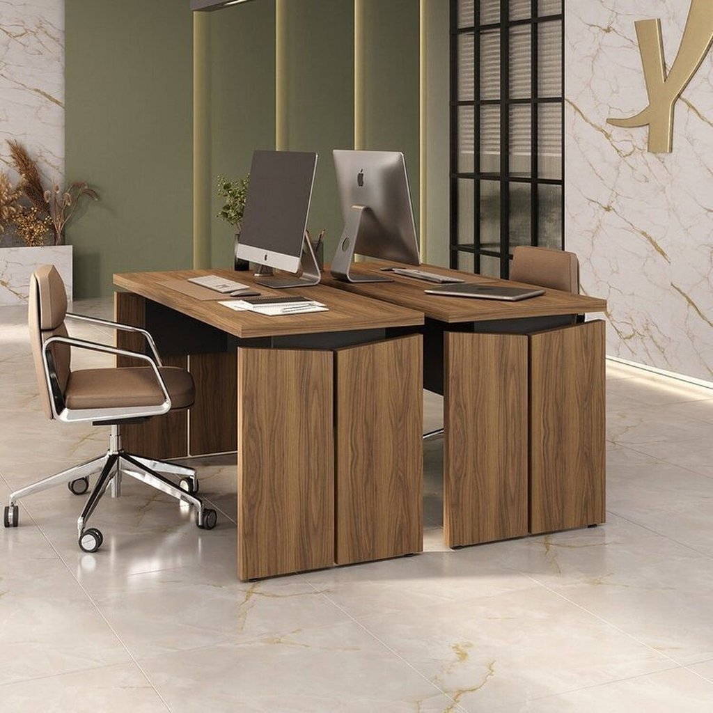 Conjunto para Escritório 2 Mesas Operacionais 1450 em Tamburato 100% MDF 145,3cm Nogal e Preto Artany Nogal/Preto