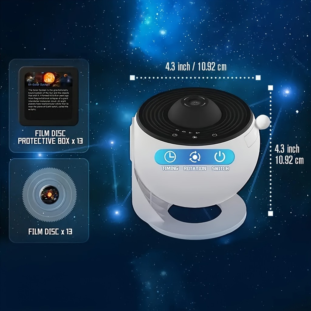 Projetor Galaxy, projetor Star Galaxy Light, com botões ajustáveis, projetor de galeria astronômica de 13 filmes, 360°Ro