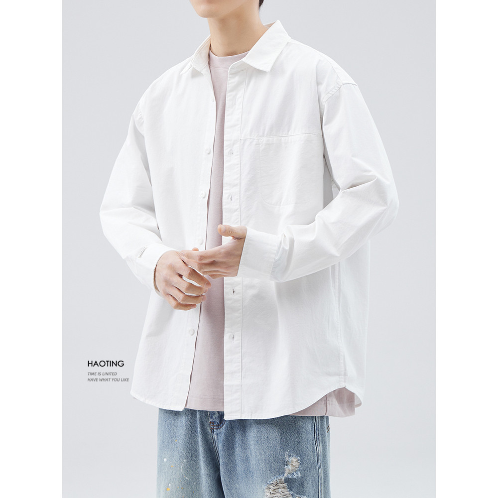 Haoting.2024 Primavera Japonês Retro Algodão Lavado Camisa Masculina Solta Jaqueta Branca Em Camadas Cardigan Na Moda