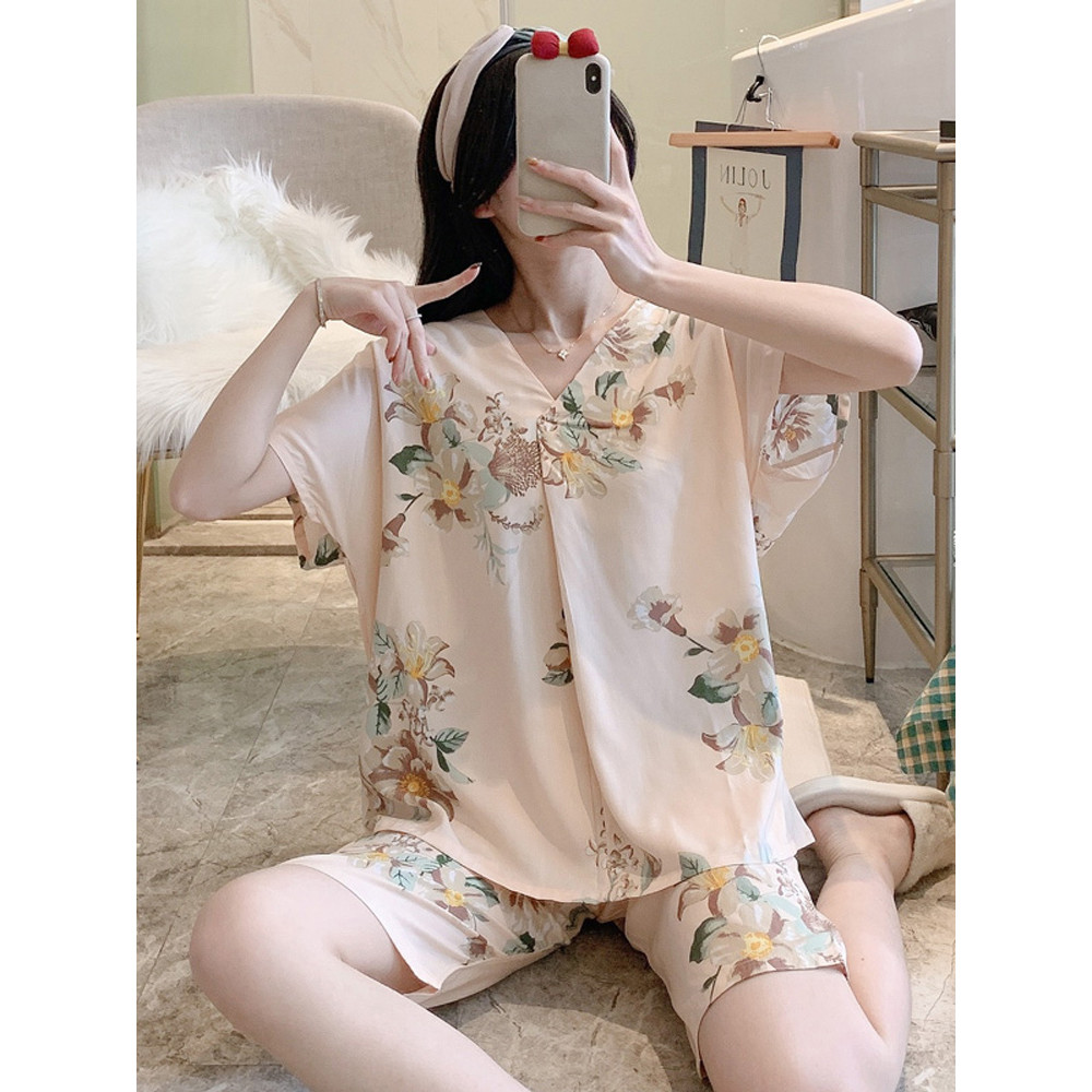 Mãe pijamas feminino 2026 novo estilo feminino algodão seda Homewear terno de meia-idade idosos de manga curta de duas p