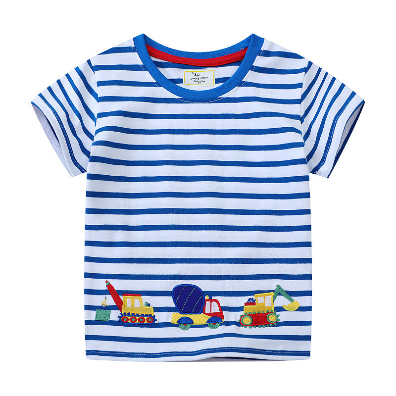 Verão novo estilo menino camiseta, pequeno médio crianças dos desenhos animados escavadeira bordado crianças em torno do