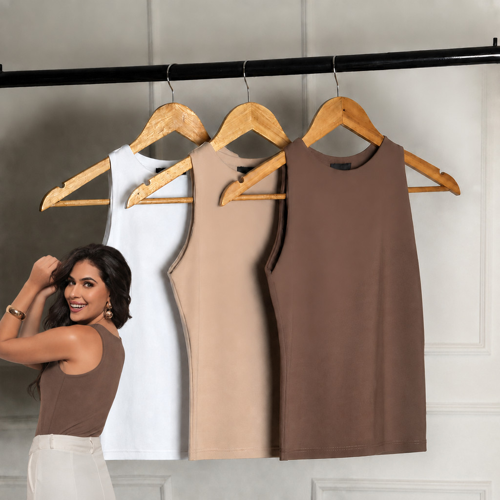 3 REGATAS Casual Blusas Basica Regata Suplex Duplo Kit Feminina Inverno Blogueira Tendencia Para Trabalhar Moda Verao