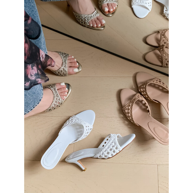 Francês elegante oco trançado boca de peixe salto alto linda saia combinando sandálias chinelos feminino verão exterior 
