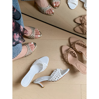 Francês elegante oco trançado boca de peixe salto alto linda saia combinando sandálias chinelos feminino verão exterior 