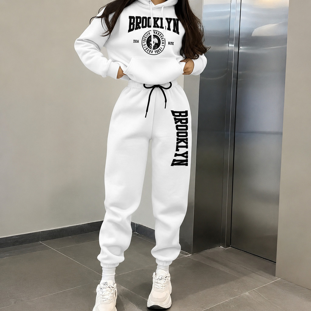 Kit Moletom Blusa E Calça Feminino Brooklyn New York Aesthetic Streetwear Com Capuz