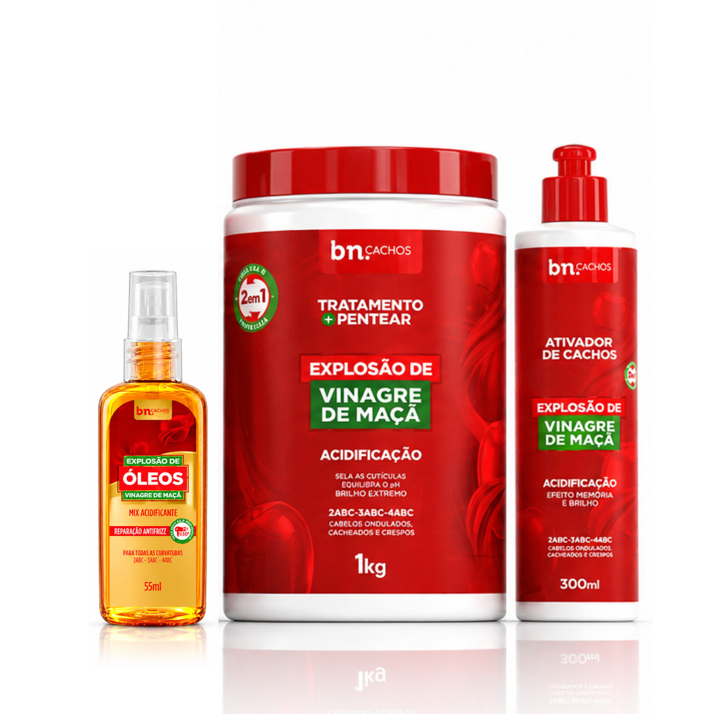 Tratamento e Pentear 2 em 1 + Ativador de Cachos Explosão de Vinagre de Maça 300ml + Óleo 55ml