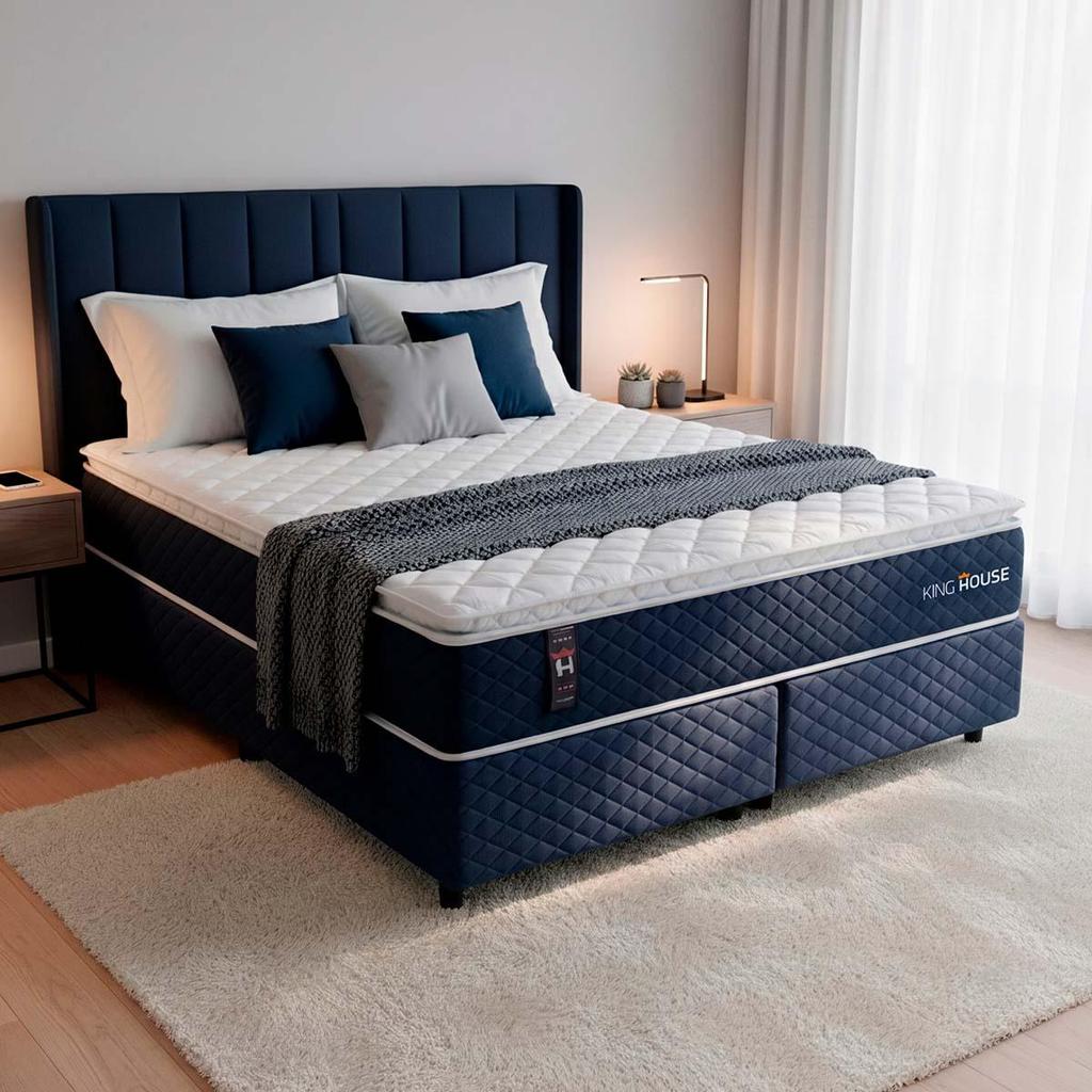 Conjunto Cama Box Queen Size Lagras 158x198x66 Azul c/ Molas Ensacadas