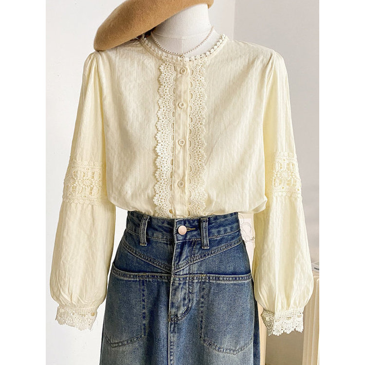 Renda costura em torno do pescoço camisa feminina Design de manga comprida nicho Puff manga topo estilo coreano elegante