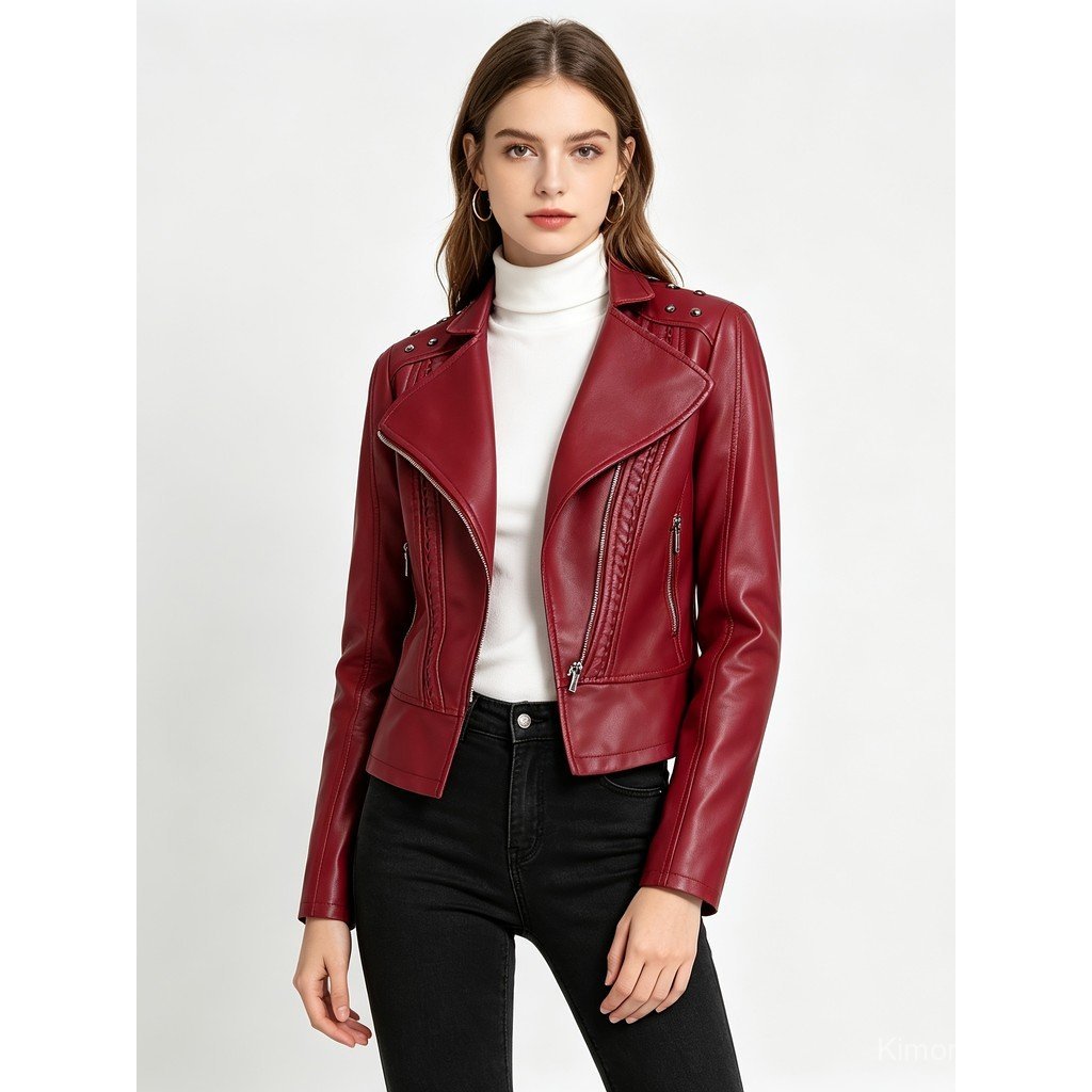 Jaqueta de couro PU para esportes de lazer femininos, casaco curto de couro PU estilo biker.