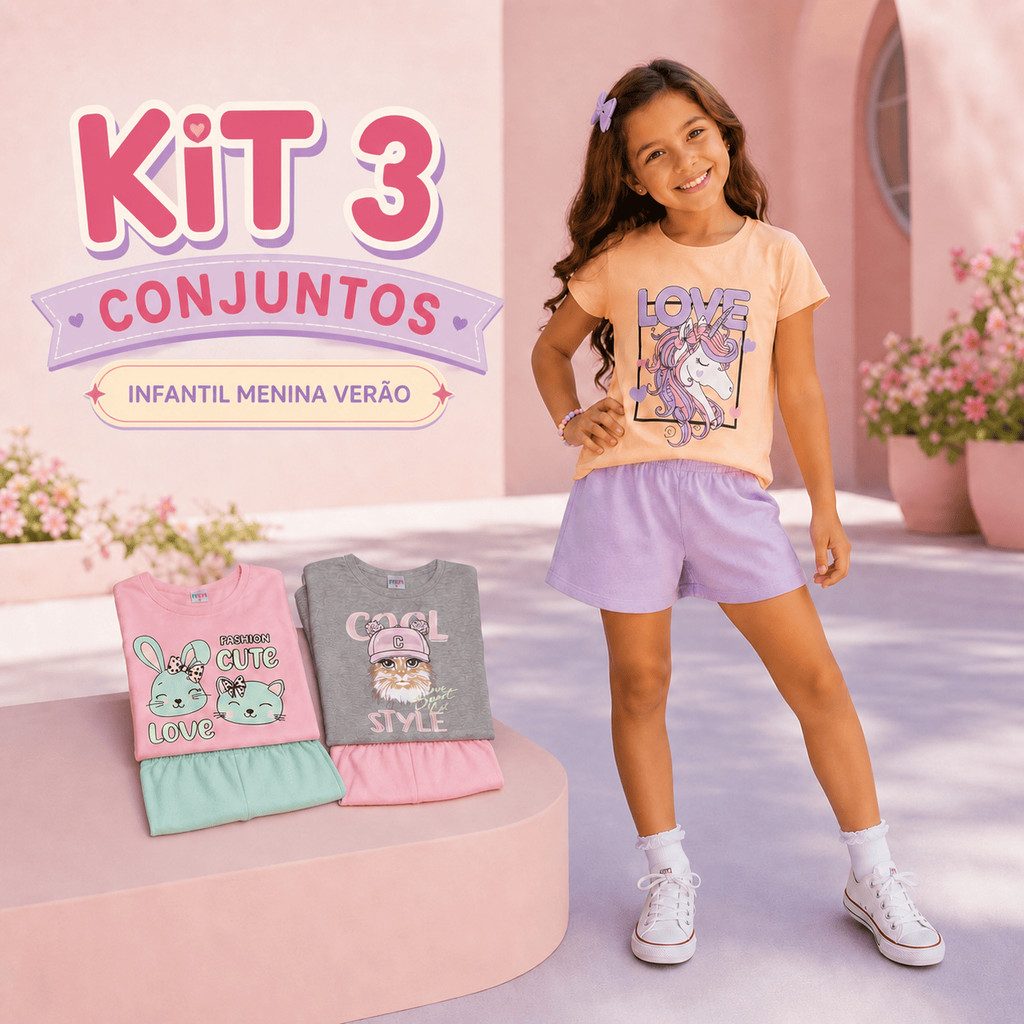 Kit 3 Conjuntos Infantil Menina Verão Blusa Algodão Short Moletinho Estampas Sortidas Tam. 01 ao 14