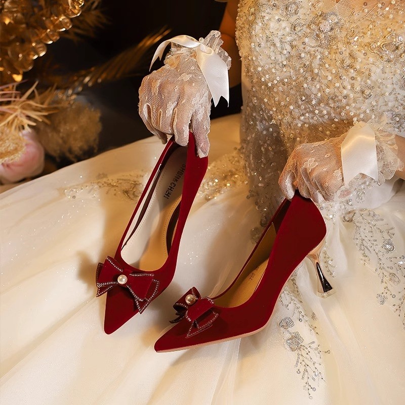 Nicho vermelho sapatos de casamento feminino chinês torrar roupas de salto alto vestido de casamento noivado mulheres gr
