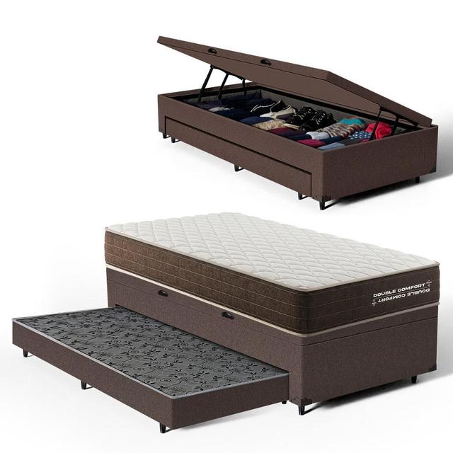 Cama Box Baú Solteiro com Colchão de Espuma D33 Double Comfort + Auxiliar 88cm