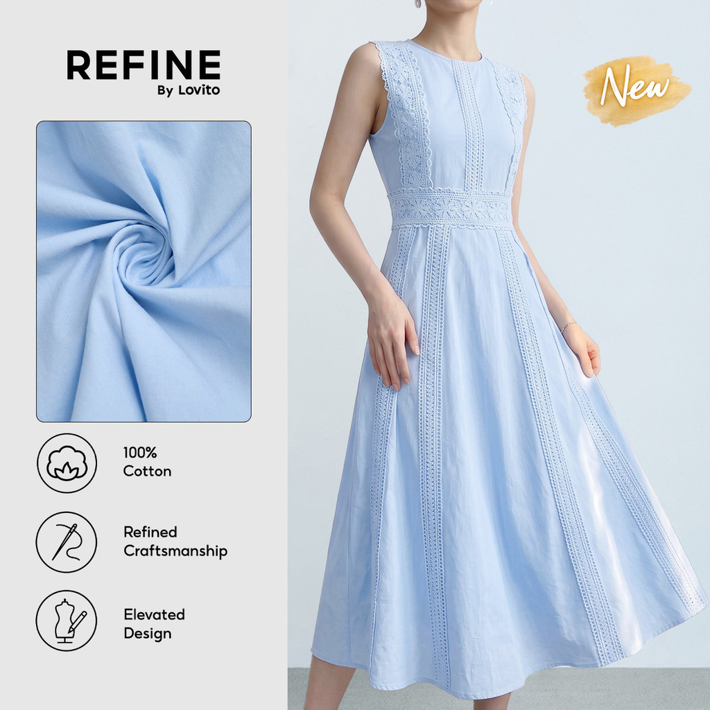 (New Arrival) (Refine by Lovito) Vestido Feminino De Algodão Azul Claro Longo Em A Duplo Em Renda Para Trabalho DRR43P1D009