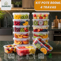 Kit Conjunto Potes Marmitas 800ml com 4 Travas Herméticas Transparente Reutilizáveis BPA Free