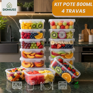 Kit Conjunto Potes Marmitas 800ml com 4 Travas Herméticas Transparente Reutilizáveis BPA …