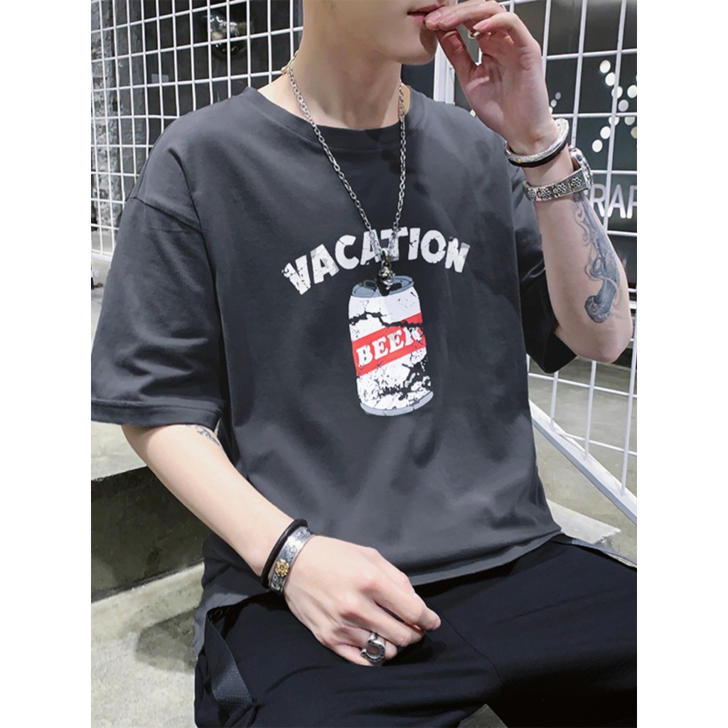 Camiseta masculina de manga curta verão puro algodão respirável solto topo Street Wear americano Retro impresso rufião b