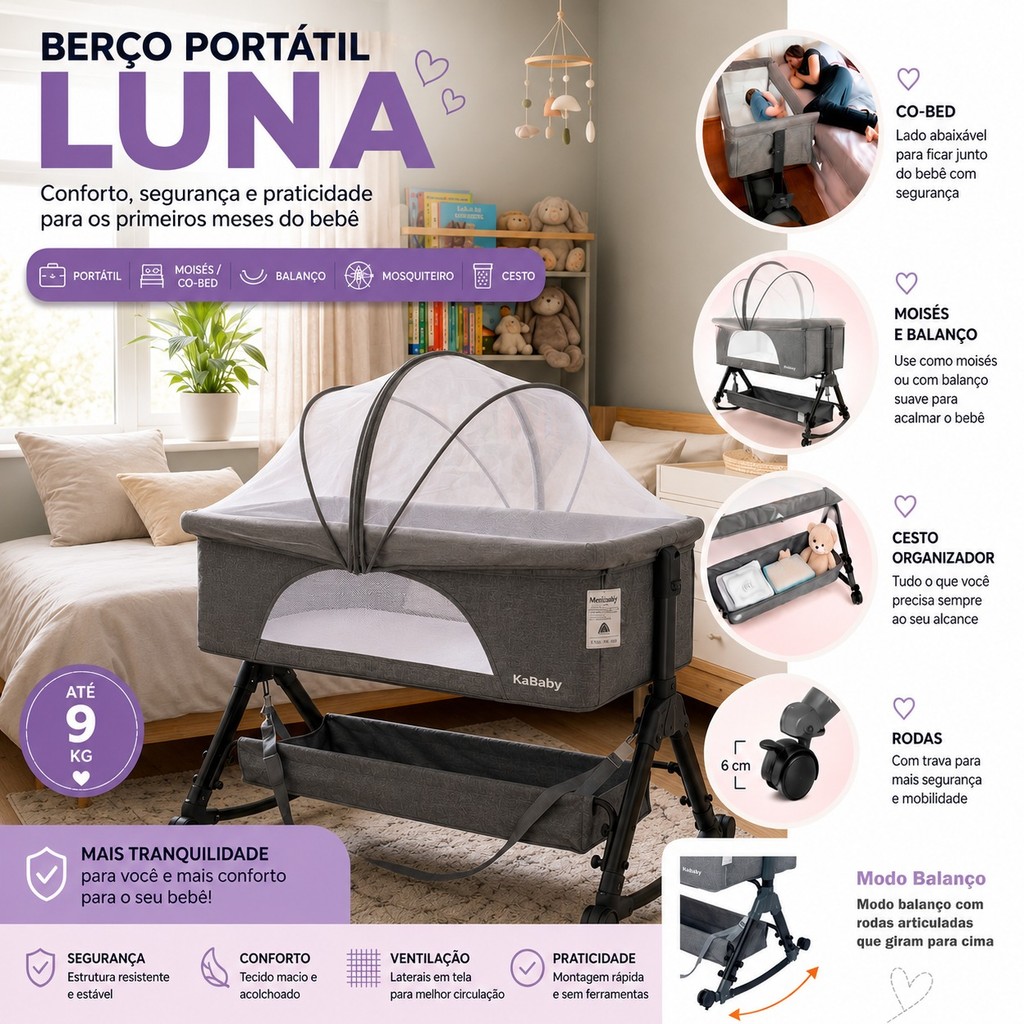 Berço Portátil Moises Co-bed Até 15kg C/ Balanço Mosquiteiro e Cesto Luna - KaBaby