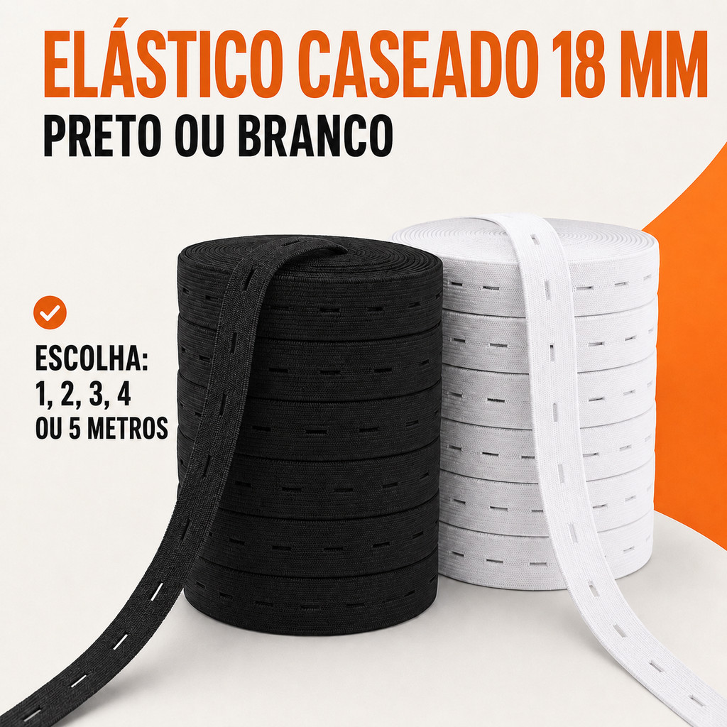 Elástico Caseado 18mm Regulador de Cós Preto ou Branco para Costura 1 a 5 Metros