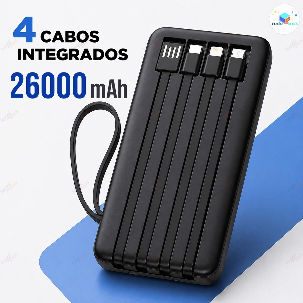 Carregador Portátil 26000mAh Banco de Energia Carga Rápida com 4 Cabos USB Integrados para Celular, Viagem e Dia a Dia