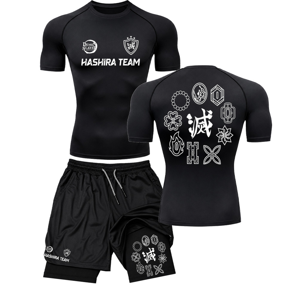 Kit Compressão Masculino Camiseta + Short 2 em 1 Academia Fitness Hashira Team Pilar Demon Slayer