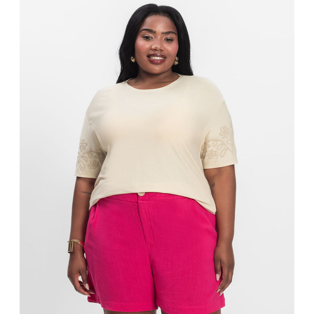 Blusa Manga Curta Plus Size Secret Glam Bege