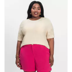 Blusa Manga Curta Plus Size Secret Glam Bege