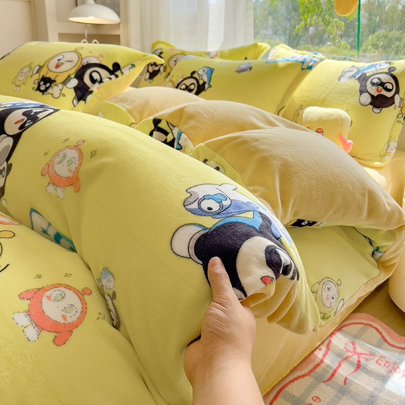 Inverno engrossado dos desenhos animados leite veludo conjunto de quatro peças Coral conjunto de três peças lençol colch