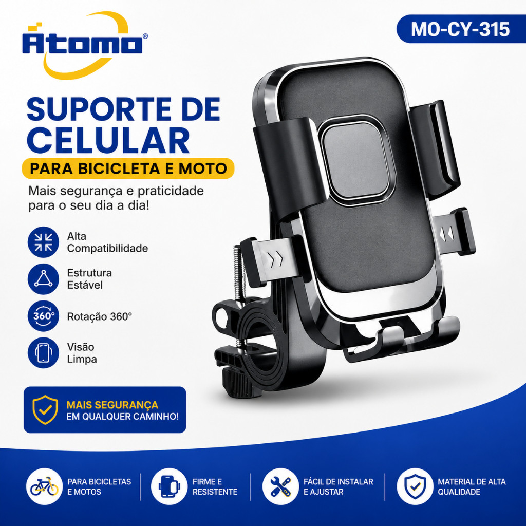 Suporte Celular Bicicleta Moto Átomo MO-CY-315 360° Ajustável Universal Seguro e Resistente