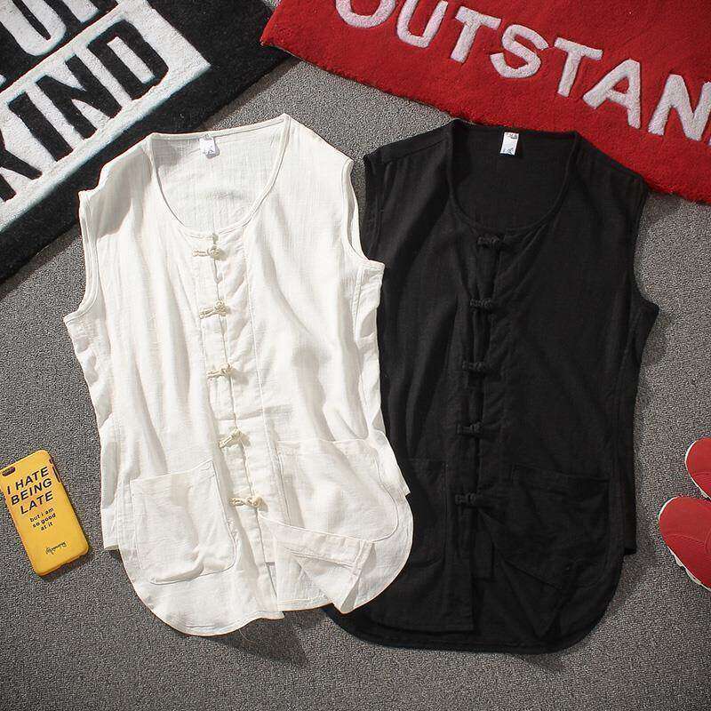 T Tang terno linho botão corte manga colete masculino Plus Size solto na moda estilo chinês sem mangas camiseta melhorad