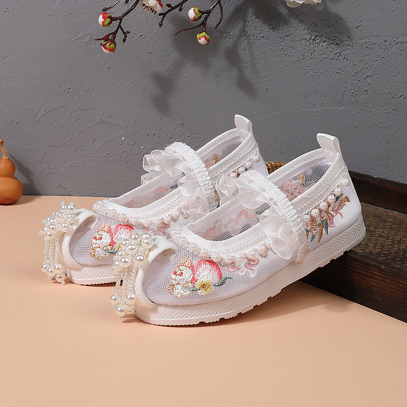 Hanfu sapatos meninas verão malha respirável traje antigo estilo chinês velho pequim sapatos de pano crianças cavalo ros