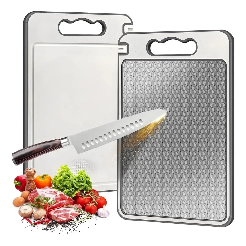Tábua de Corte Higiênica Antiderrapante, de Inox, com Canaleta e Afiador para Carnes e Legumes