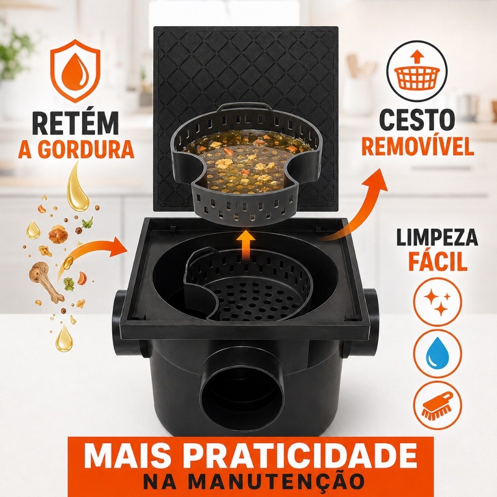 Caixa de Gordura 10L com Cesto Coletor Sifonada DN100 30x30 Tampa Suporta até 200kg